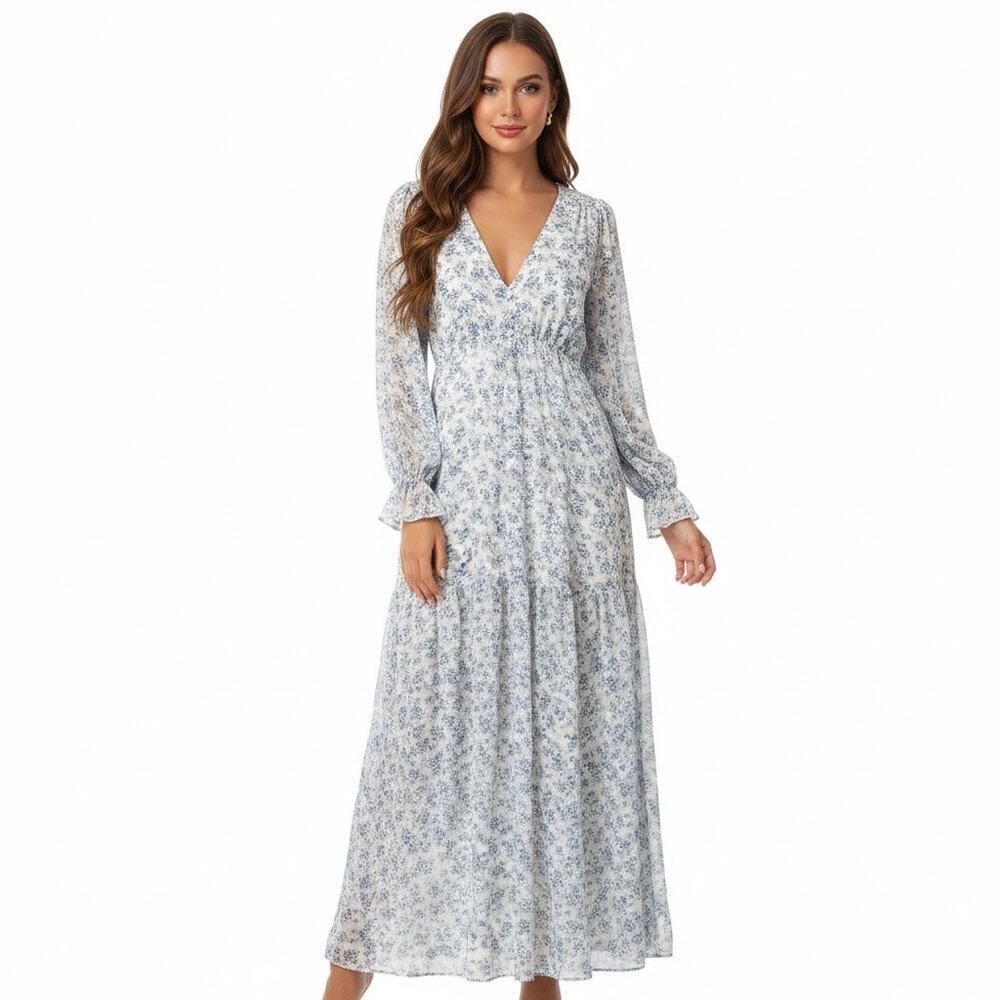 Aakaa Blue White Floral VNeck Cottagecore Long Puff Sleeve Maxi Dress Boho Small